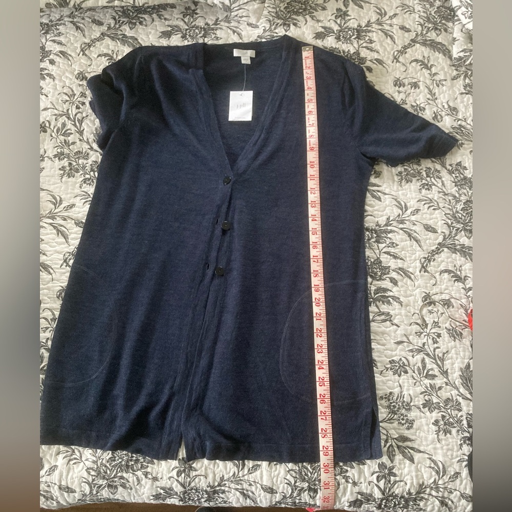 Jjill navy blue, linen rich short (elbow length) sleeve long cardigan sweater - Picture 3 of 7